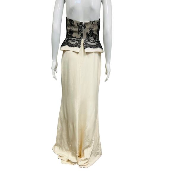 MARCHESA NOTTE Ivory Silk Black Lace Strapless Peplum Waist Maxi Evening Gown 8 - Picture 6 of 6